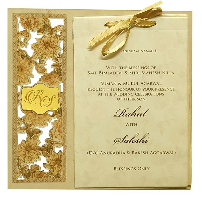 Golden Elegant Floral Lazer Cut MDF Wedding Card-King of Cards
