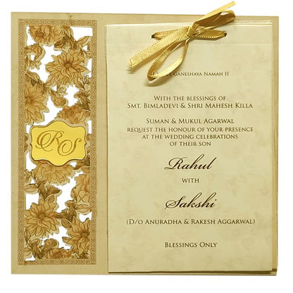 Golden Elegant Floral Lazer Cut MDF Wedding Card-King of Cards