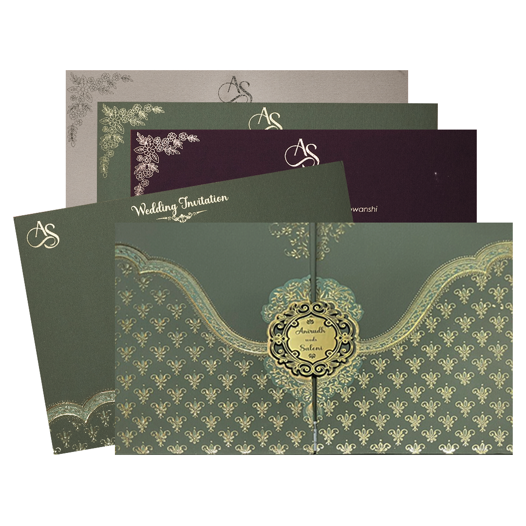 Check out Green Gold Floral Padded Wedding Card at best price. ✅WhatsApp Support ✅Express Delivery.|King of cards.