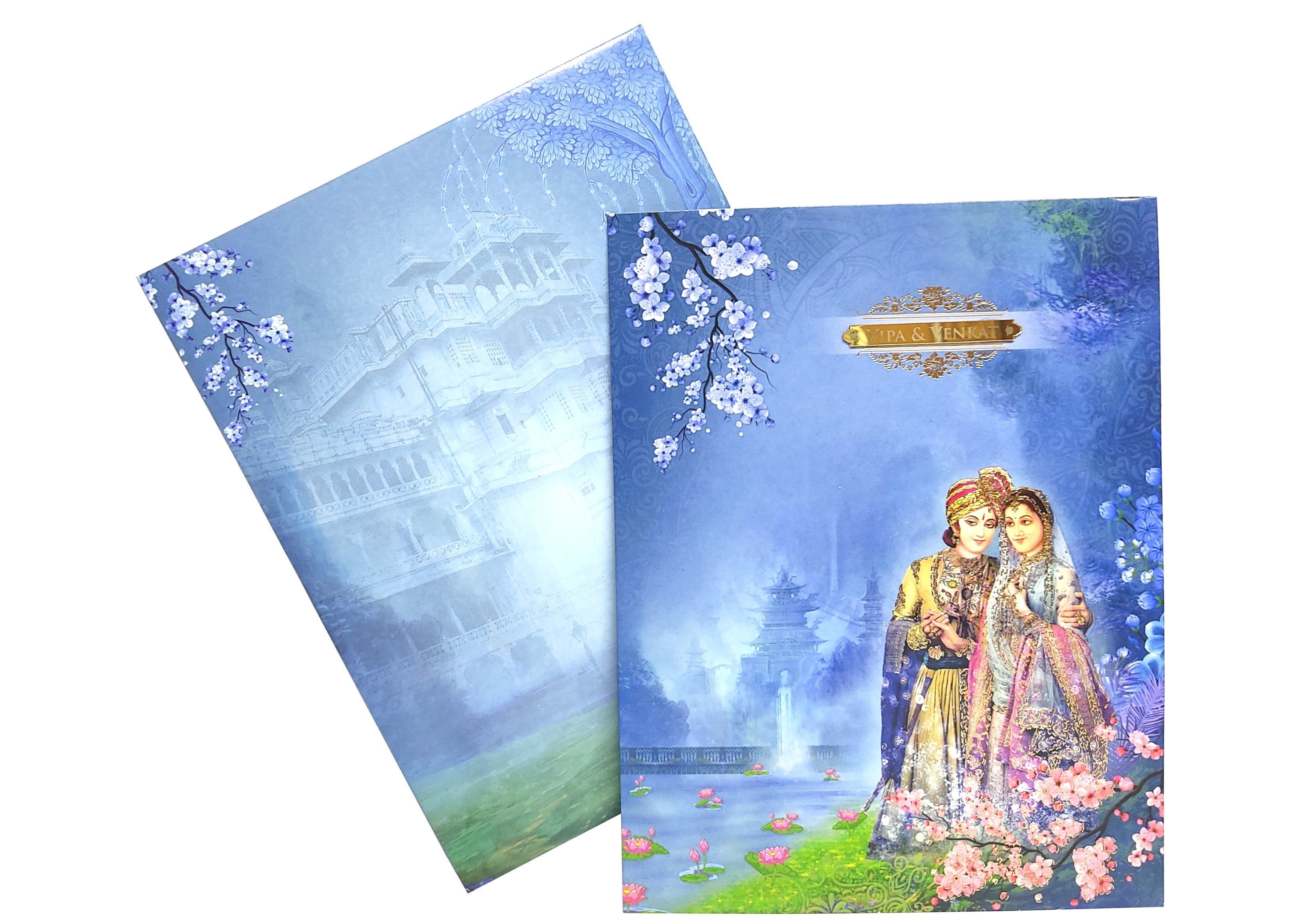 Blue Raja Rani Jumbo Size Wedding Card With Palace And Name Plate-KNKJ1088