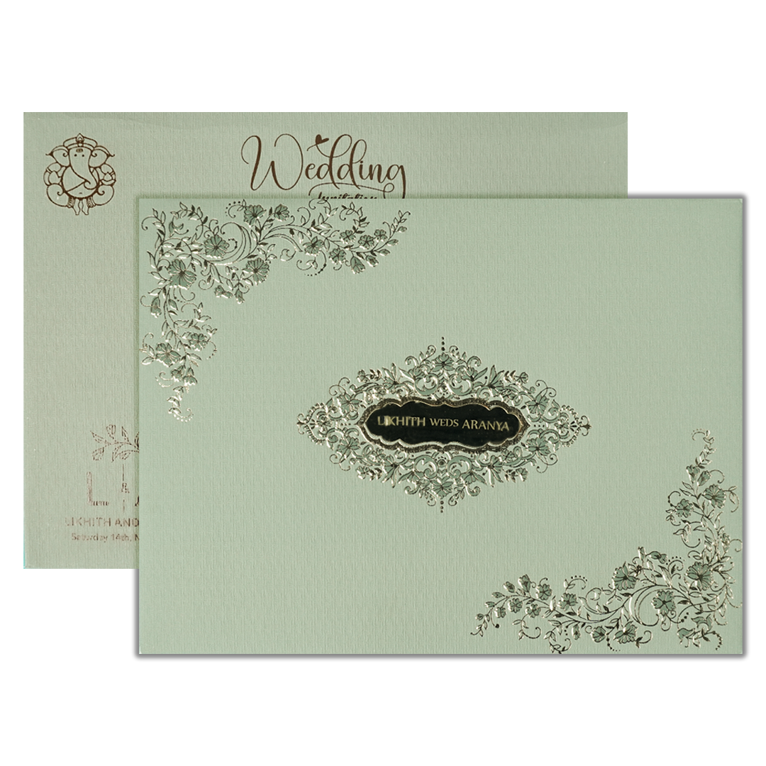 Check out Green Floral Embossed Padded Wedding Card at best price.✅WhatsApp Support ✅Express Delivery.| King of Cards.