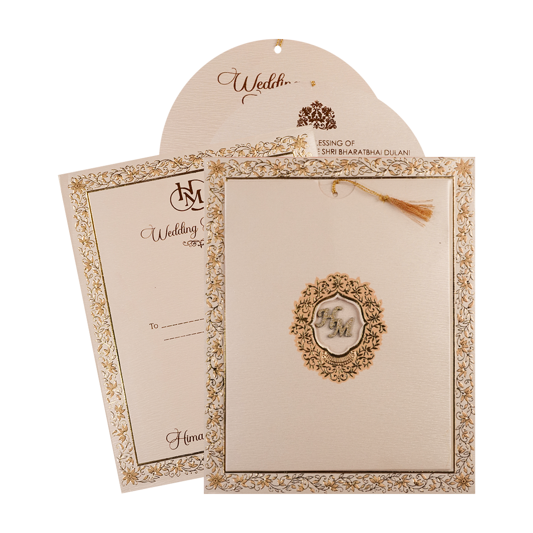 Cream Gold Floral Padded Wedding Card-KSI64210