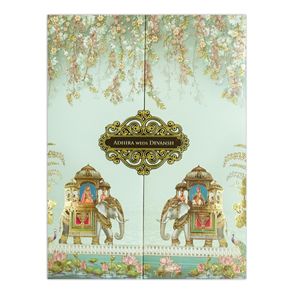 Green Floral Elephant Procession Wedding Card-KSH72440