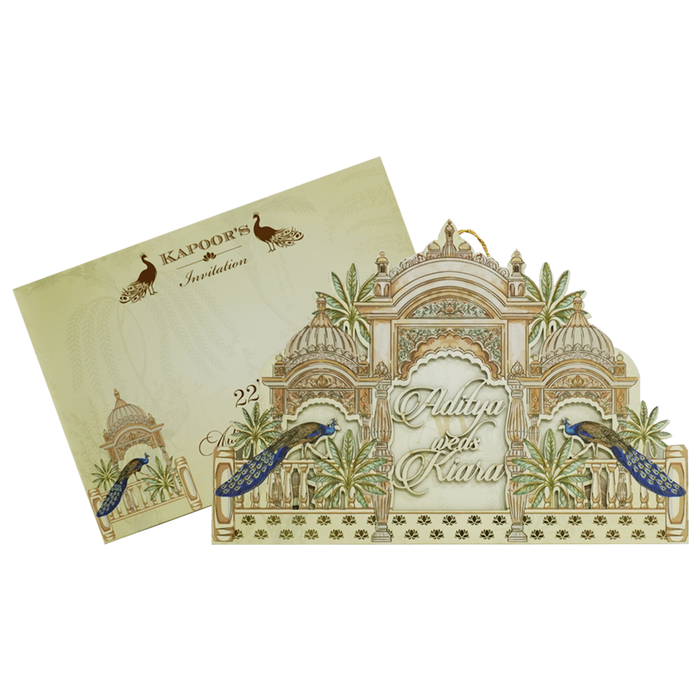 Cream Laser Cut Arch Peacock Wedding Card-King of Cards