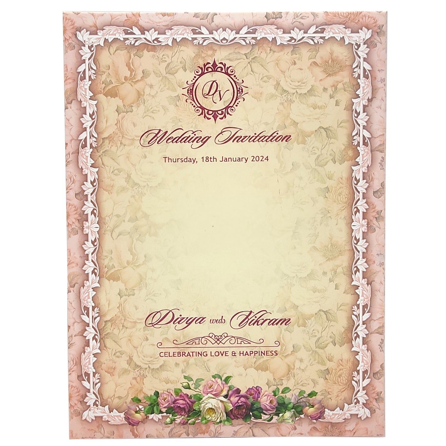 Pink Padded Floral Wedding Card In Offset Design-KNPO9531P
