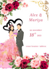 Pink Floral Couple Caricature Wedding Invitation-AACAR003
