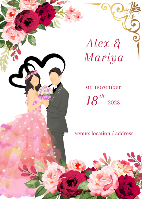 Pink Floral Couple Caricature Wedding Invitation-AACAR003