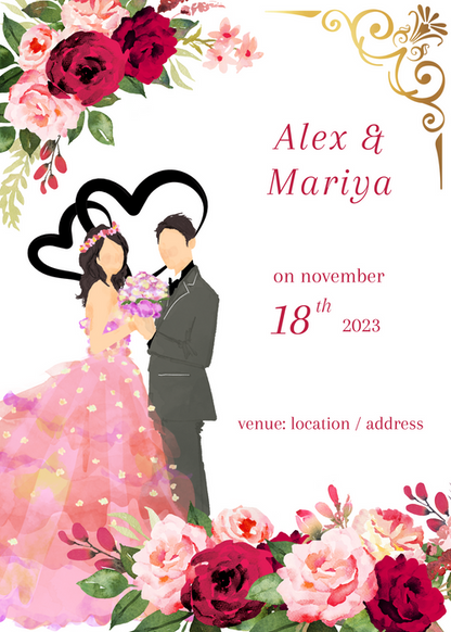 Pink Floral Couple Caricature Wedding Invitation-AACAR003