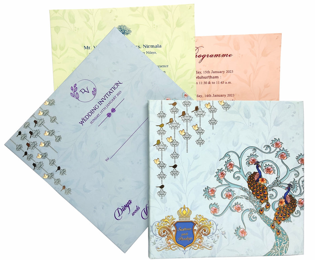 Light blue padded peacock scodix royal invitation card-King of Cards