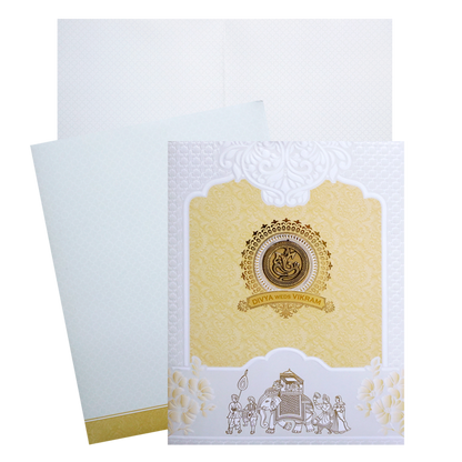 White and Yellow Patterned Wedding Card featuring textured pattern, ganesha sticker and an acrylic nameplate. It also includes folded insert and an envelope. Shop now! ?WhatsApp Support ?Express Delivery.