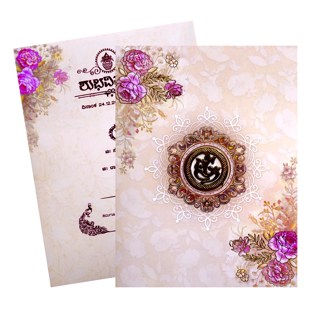 Cream Floral Hindu Wedding Card-KNKC4071