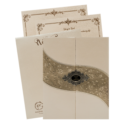 Check out Cream Gold Wave Padded Wedding Card at best price. ✅WhatsApp Support ✅Express Delivery.|King of cards.