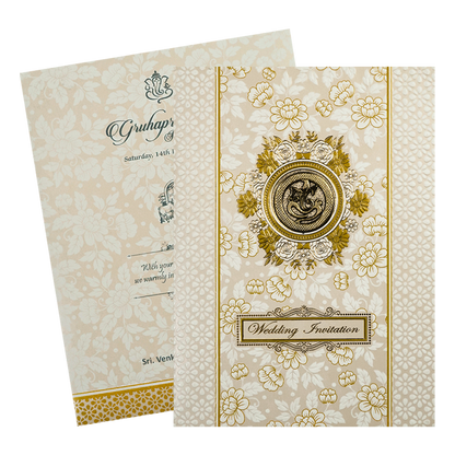 Cream Gold Floral Ganesha Wedding Card-KNK7060W