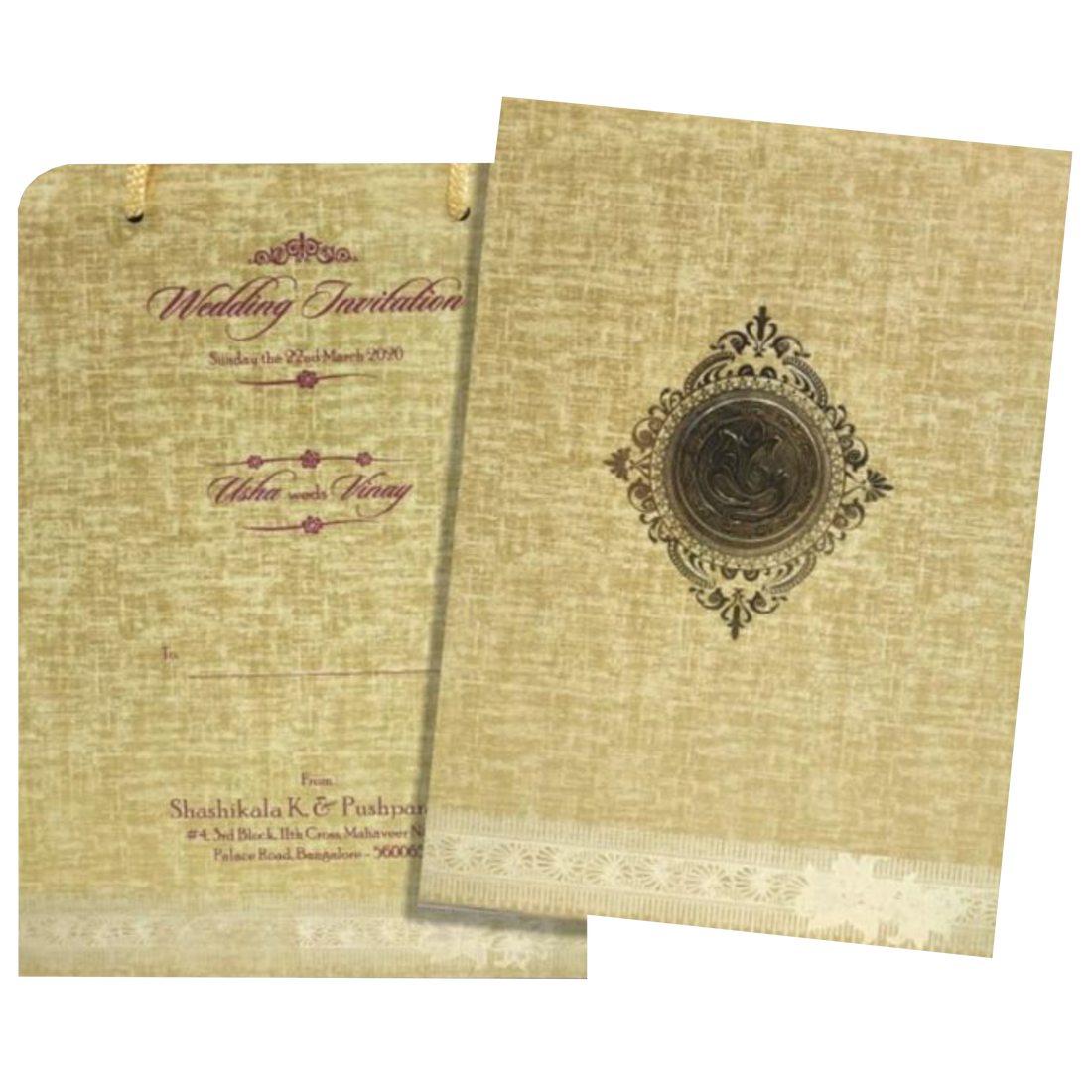 Brown Gold Premium Padded Stiff Board Invitation Card With Ganesha-KNPS9512N