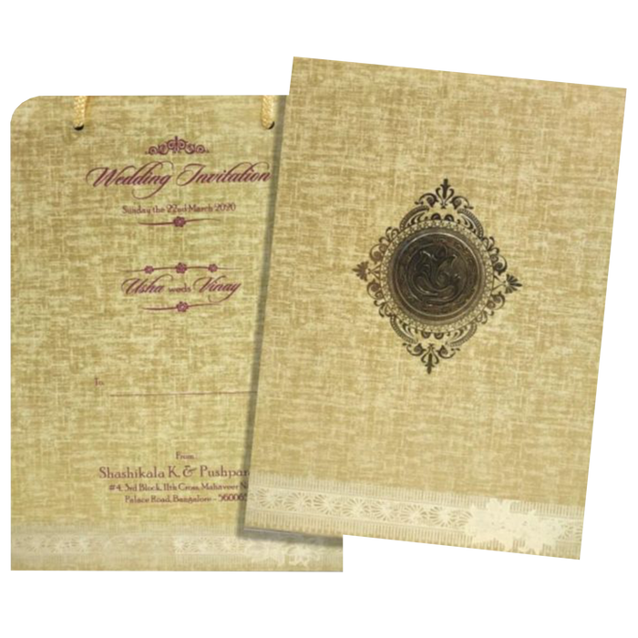 Brown Gold Premium Padded Stiff Board Invitation Card With Ganesha-KNPS9512N-King of Cards