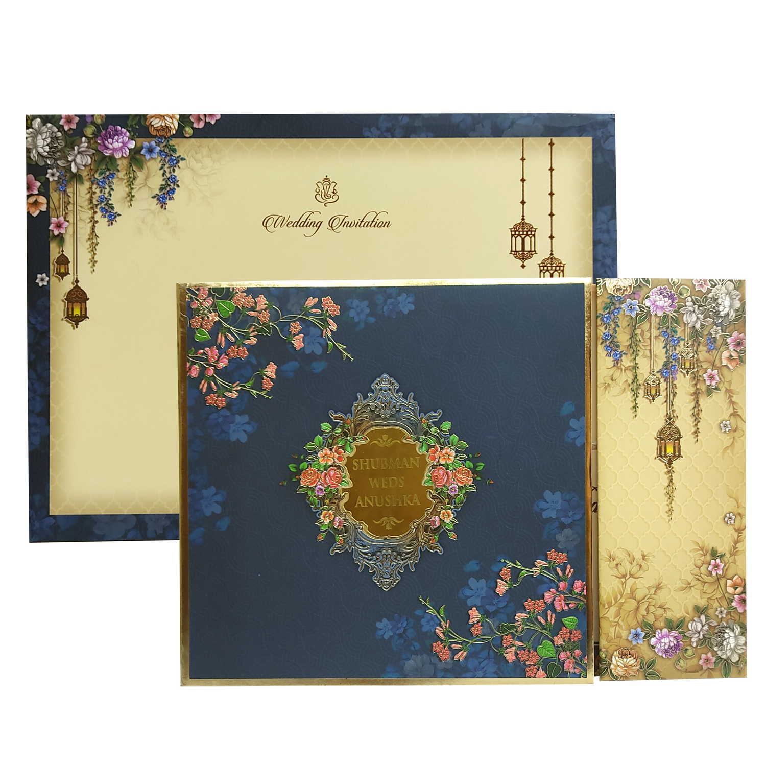 Aegean Blue Cream Floral Door Padded Invitation Card-King of Cards