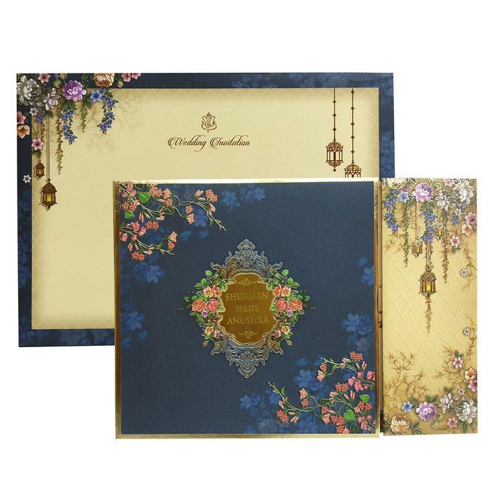 Aegean Blue Cream Floral Door Padded Invitation Card-King of Cards