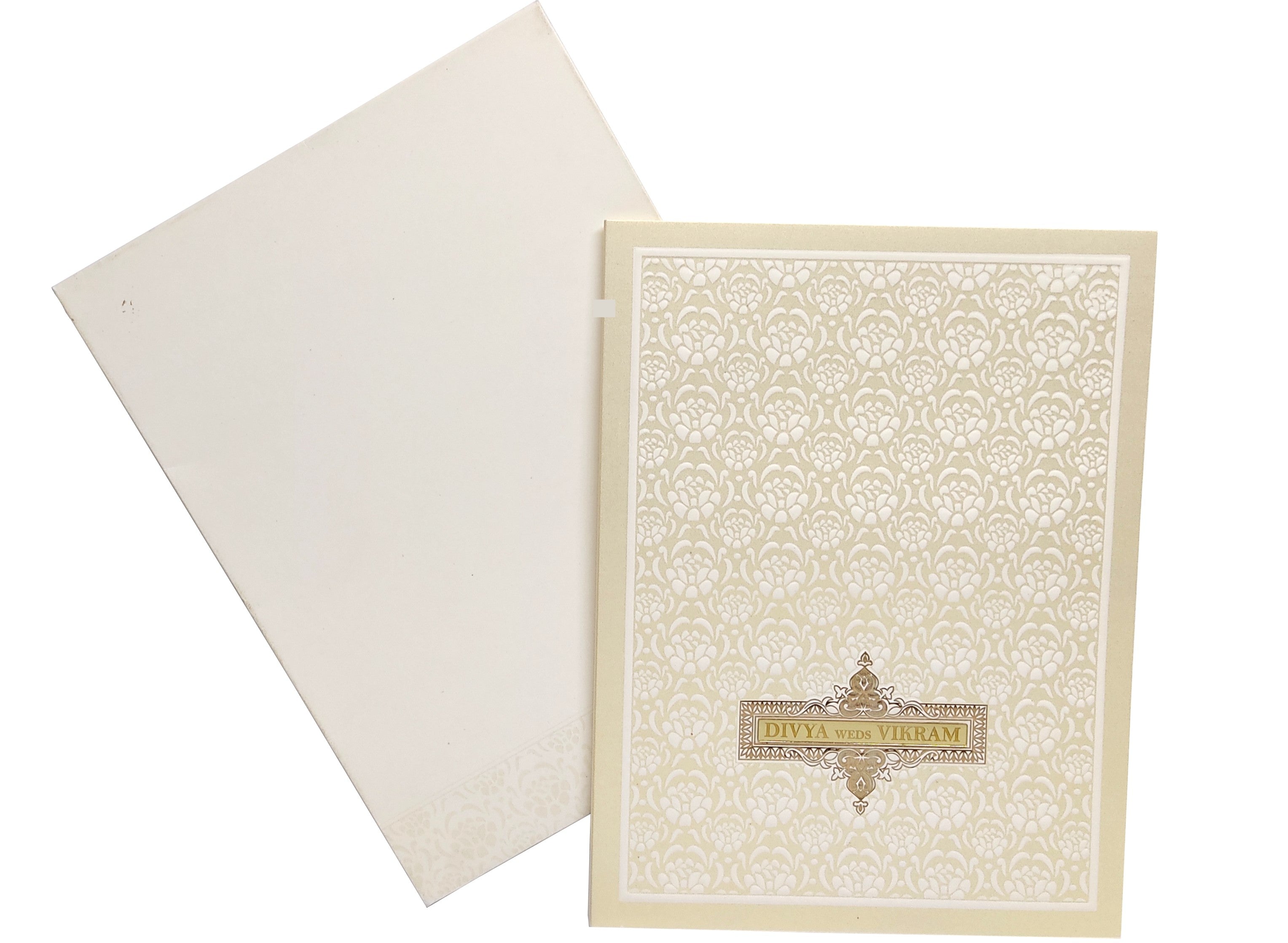 White Metallic Royal Embossed Floral Wedding Card-KNK3051W