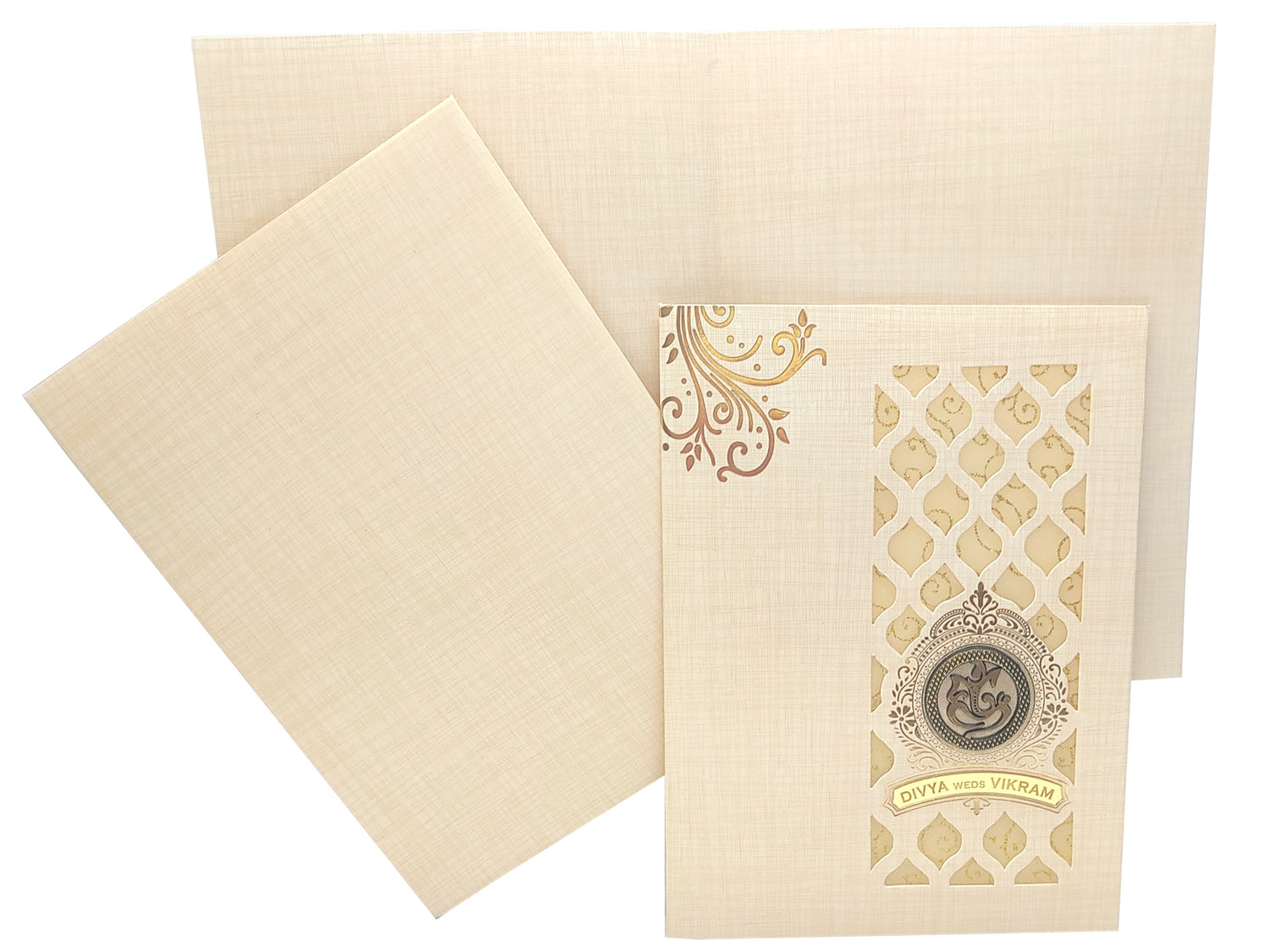 Sandal Metallic Die Cut Design With Name Plate Wedding Card-KNK7030S