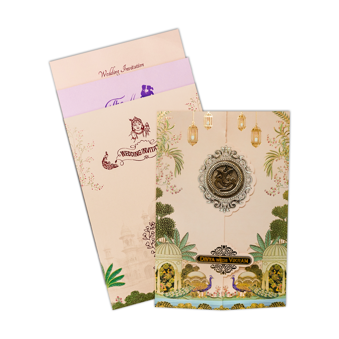 Cream Palace Peacock Wedding Card-KNKY2601