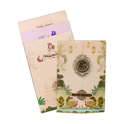 Check out Cream Palace Peacock Wedding Card at best price. ?WhatsApp Support ?Express Delivery. | King of Cards.