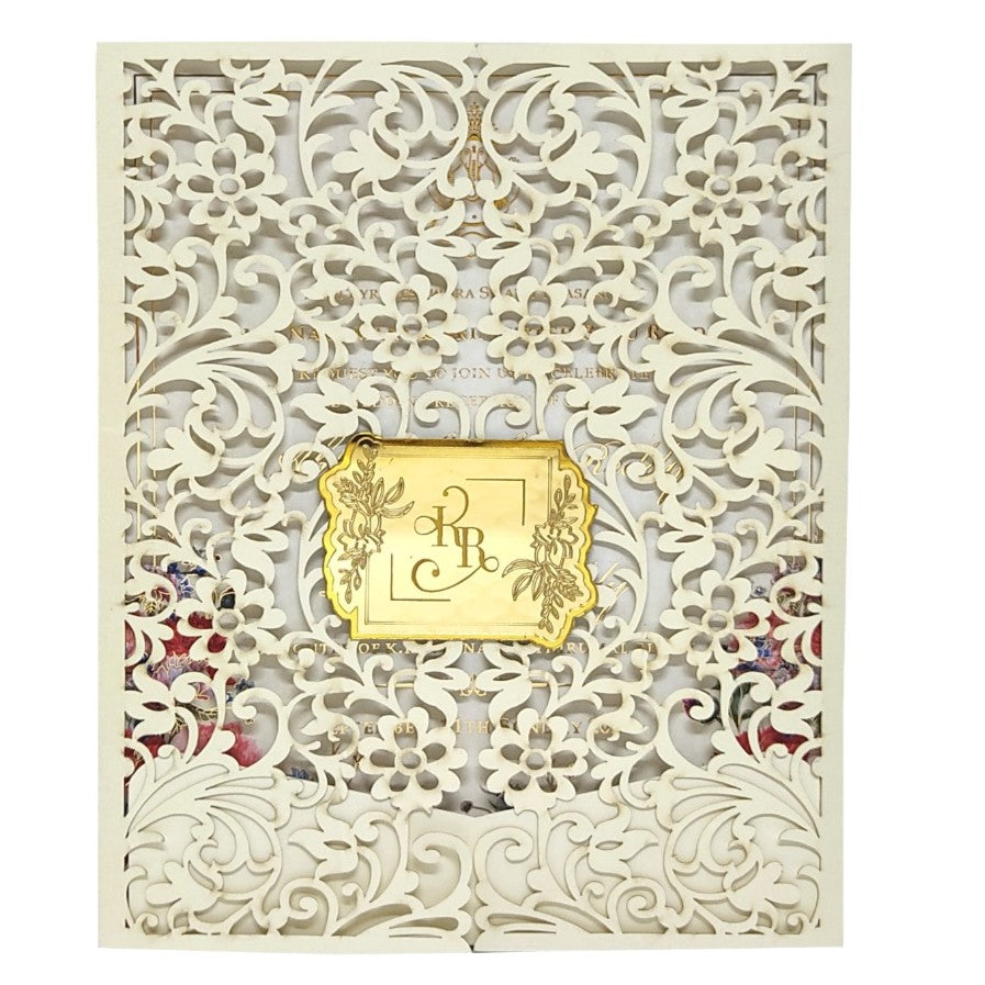 Cream Trending Laser Cut Wedding Card With Floral Touch-KNKYP001-King of Cards