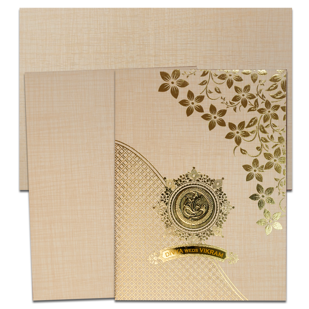 Cream Gold Floral Ganesha Wedding Card-KNK7082S