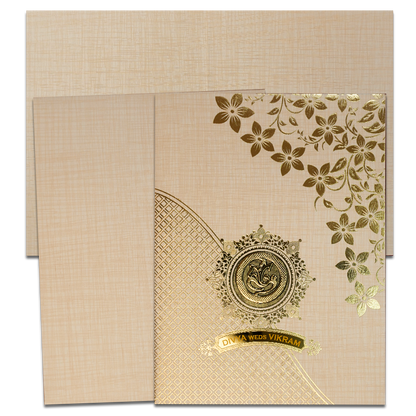 Cream Gold Floral Ganesha Wedding Card-KNK7082S