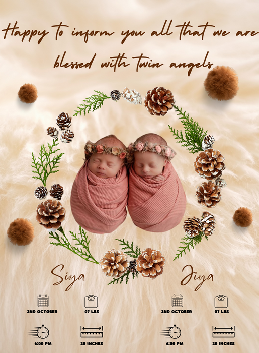 Beige Twins Baby Birth Announcement Invitations-King of Cards