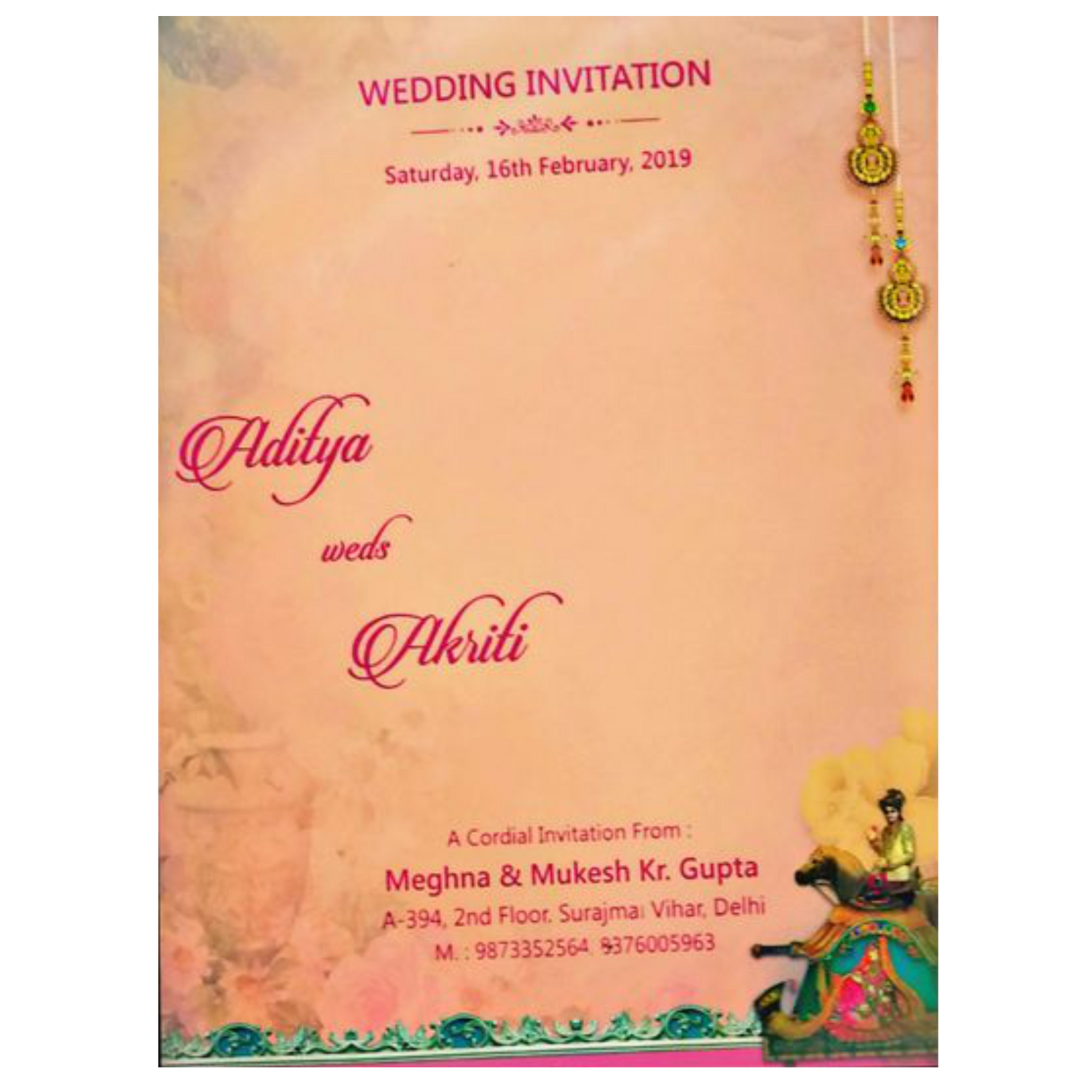 Marvelous Peach Color Baraat Theme Padding Invitation Card - KNKZAC139-King of Cards