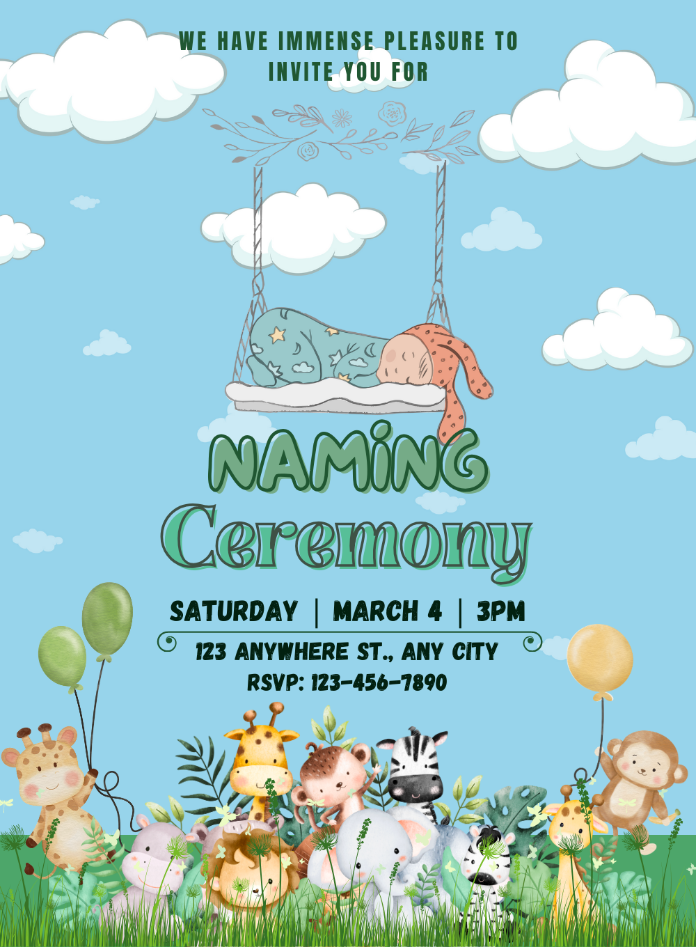 Blue Animals Naming Ceremony Invitations-AANCI009