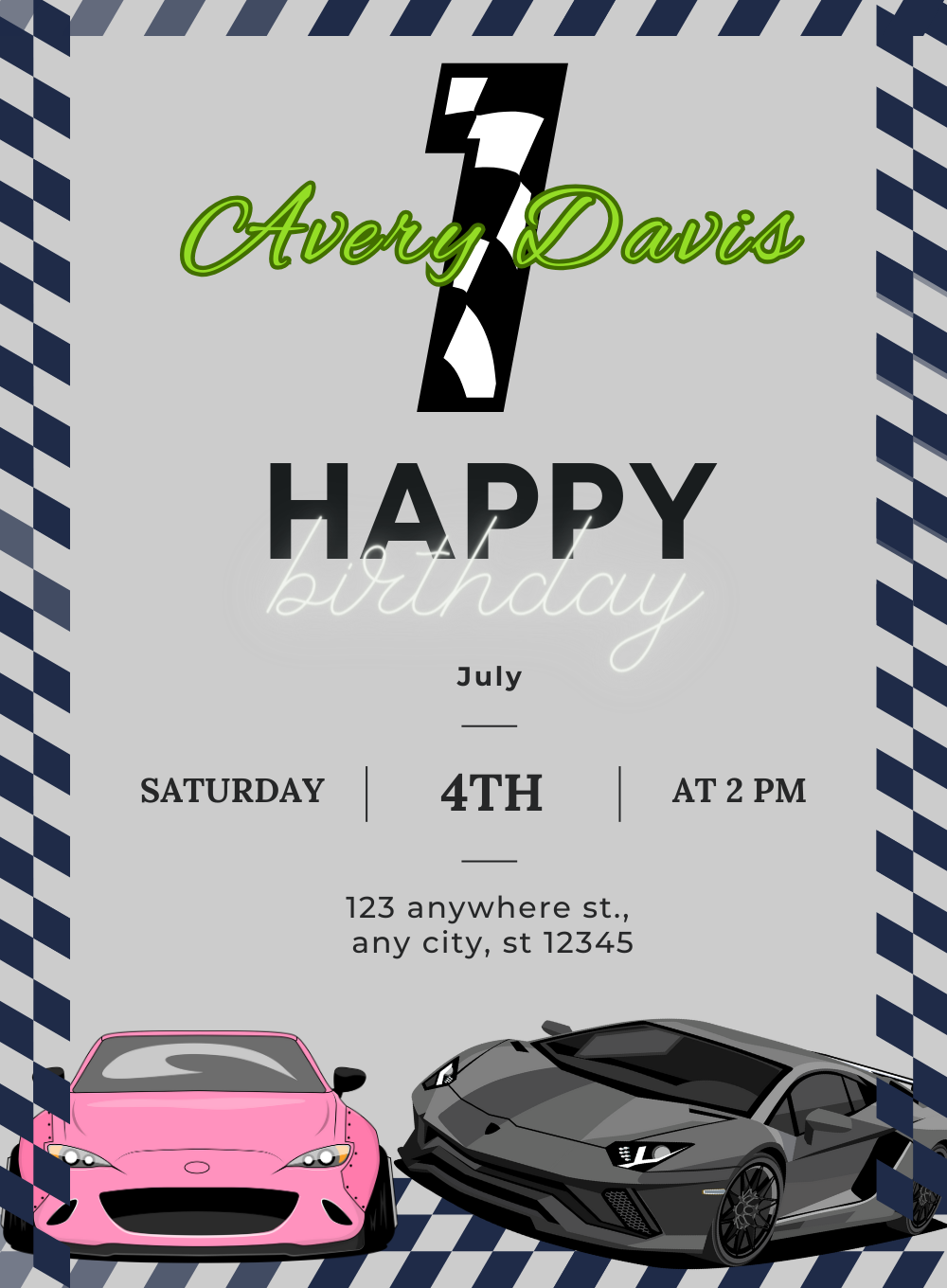 Blue Checkered Cars and Trains Invitation-AACAT002