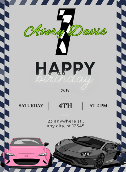 Blue Checkered Cars and Trains Invitation-AACAT002