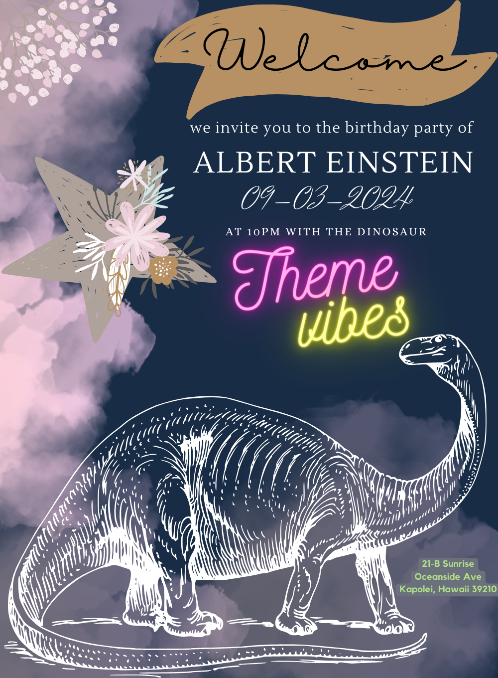 Blue Floral Dinosaur Invitation-AADII003