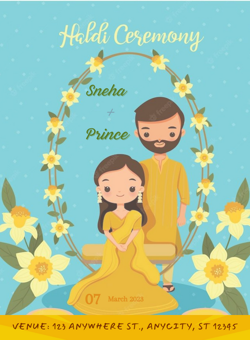 Blue Floral Haldi Cremony Invitation-King of Cards