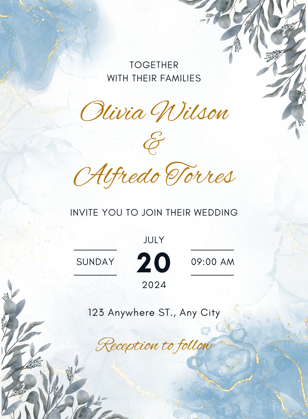 Blue Leaf Christian Wedding Invitation-AACWI027