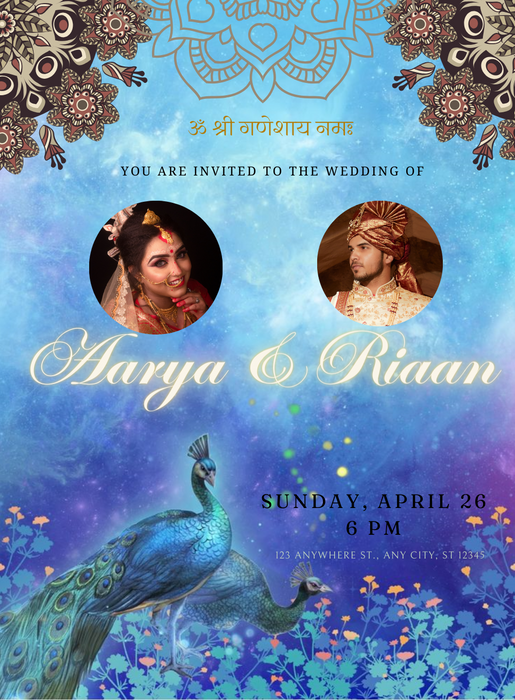 Blue Peahen Traditional Wedding Invitation-AATWI009