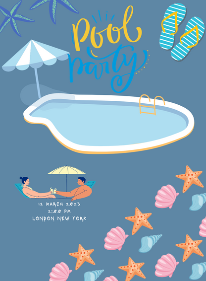 Blue Starfish Pool Party Invitation-AAPPI014
