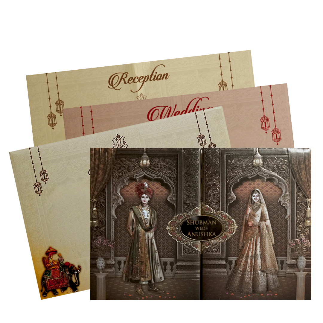 Brown Embossed Bride Groom Door Style Padded Wedding Card - KRB8210