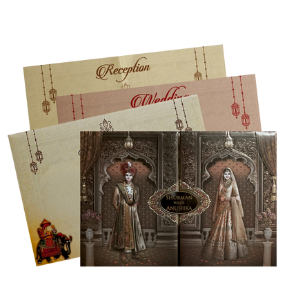 Brown Embossed Bride Groom Door Style Padded Wedding Card - KRB8210