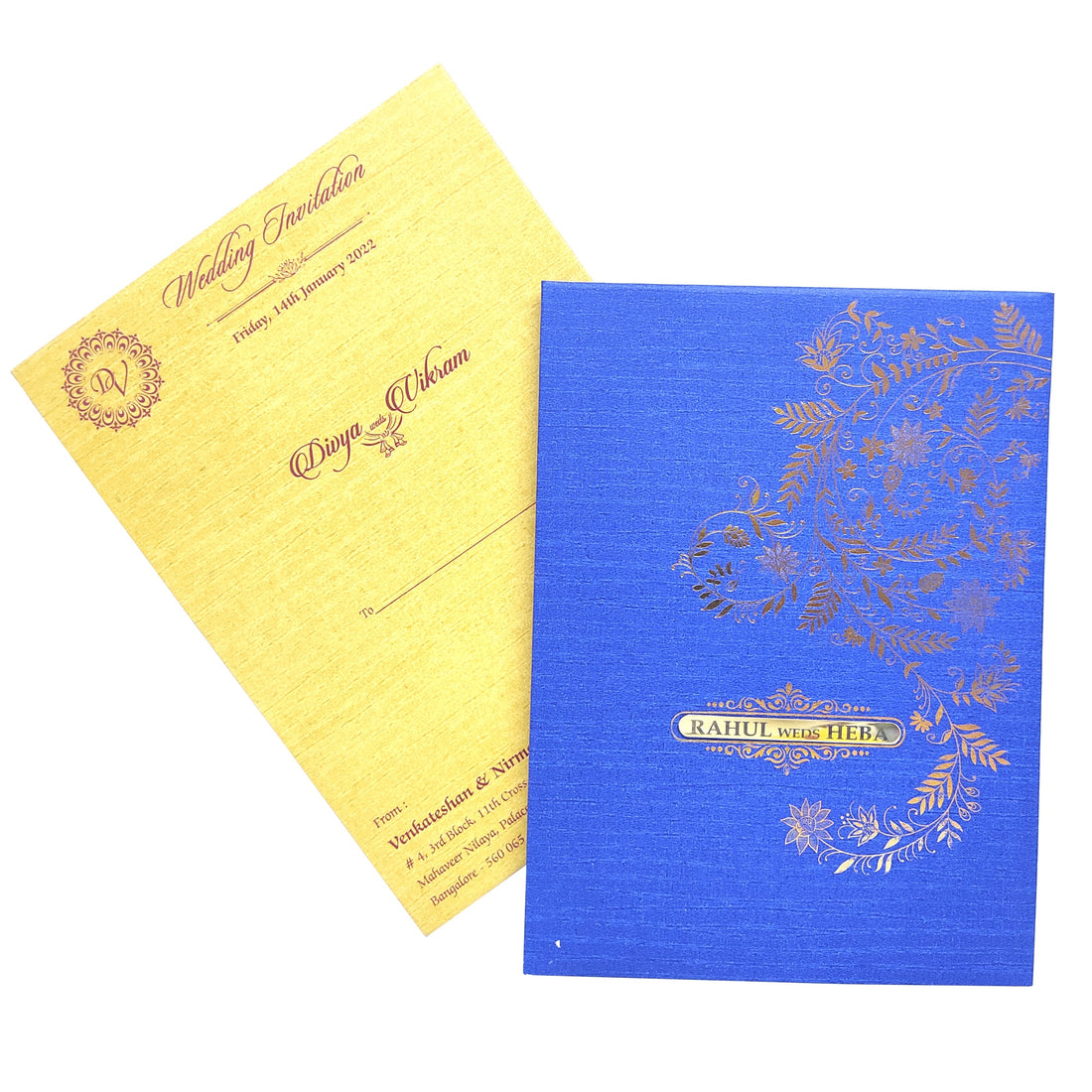 Blue Padding Floral Wedding Card In Gold Foiling Print-KNPC9519B