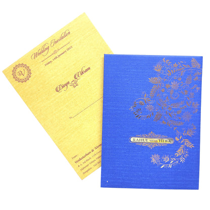 Blue Padding Floral Wedding Card In Gold Foiling Print-KNPC9519B
