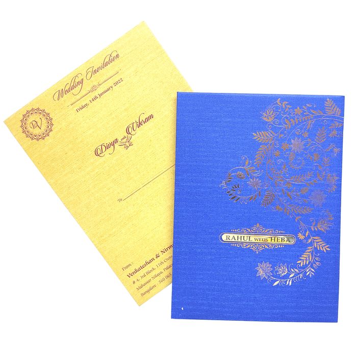 Blue Padding Floral Wedding Card In Gold Foiling Print-KNPC9519B-King of Cards