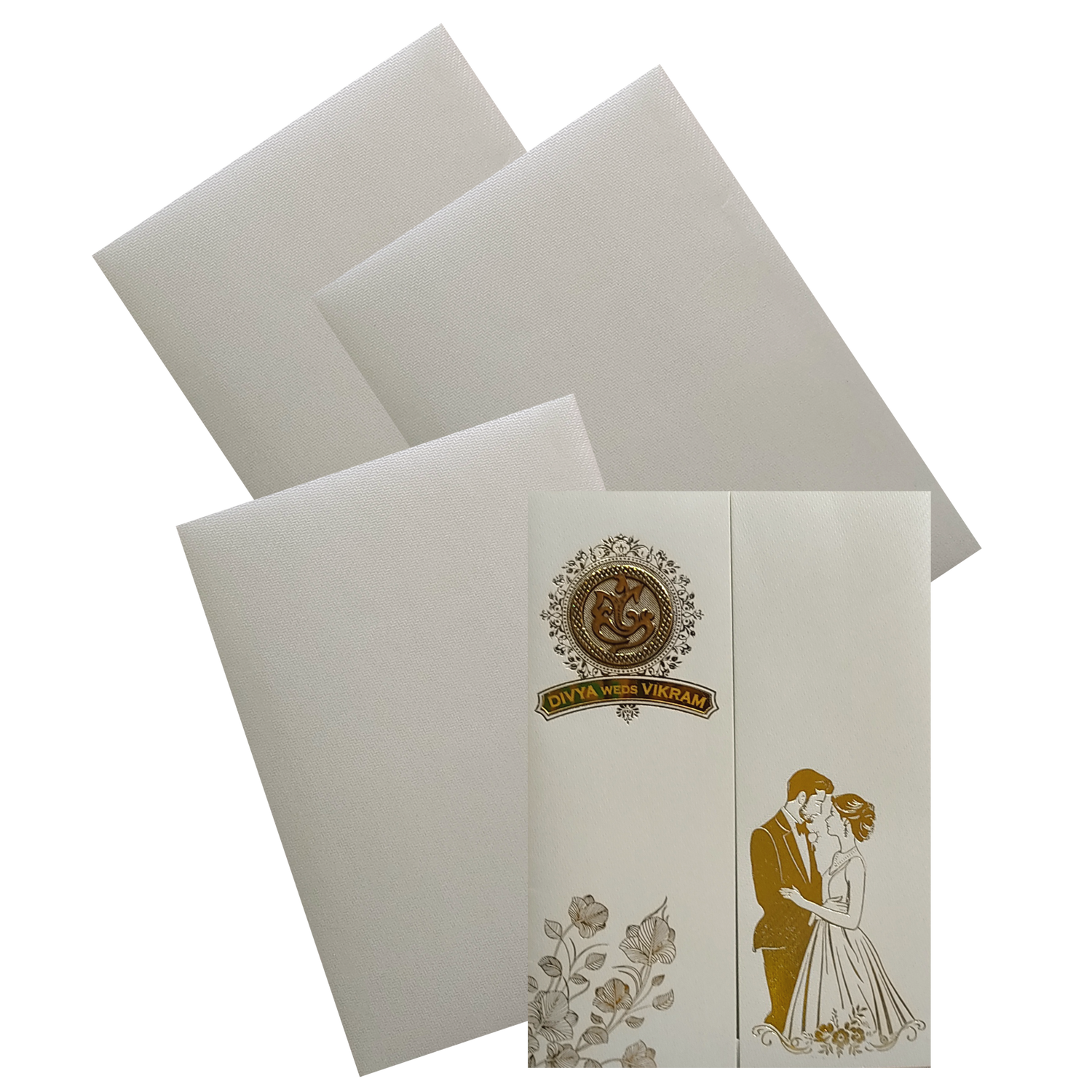 This traditional marriage card has gold foiled bride and groom with ganesh sticker and name plate. The card has two inserts and an envelope