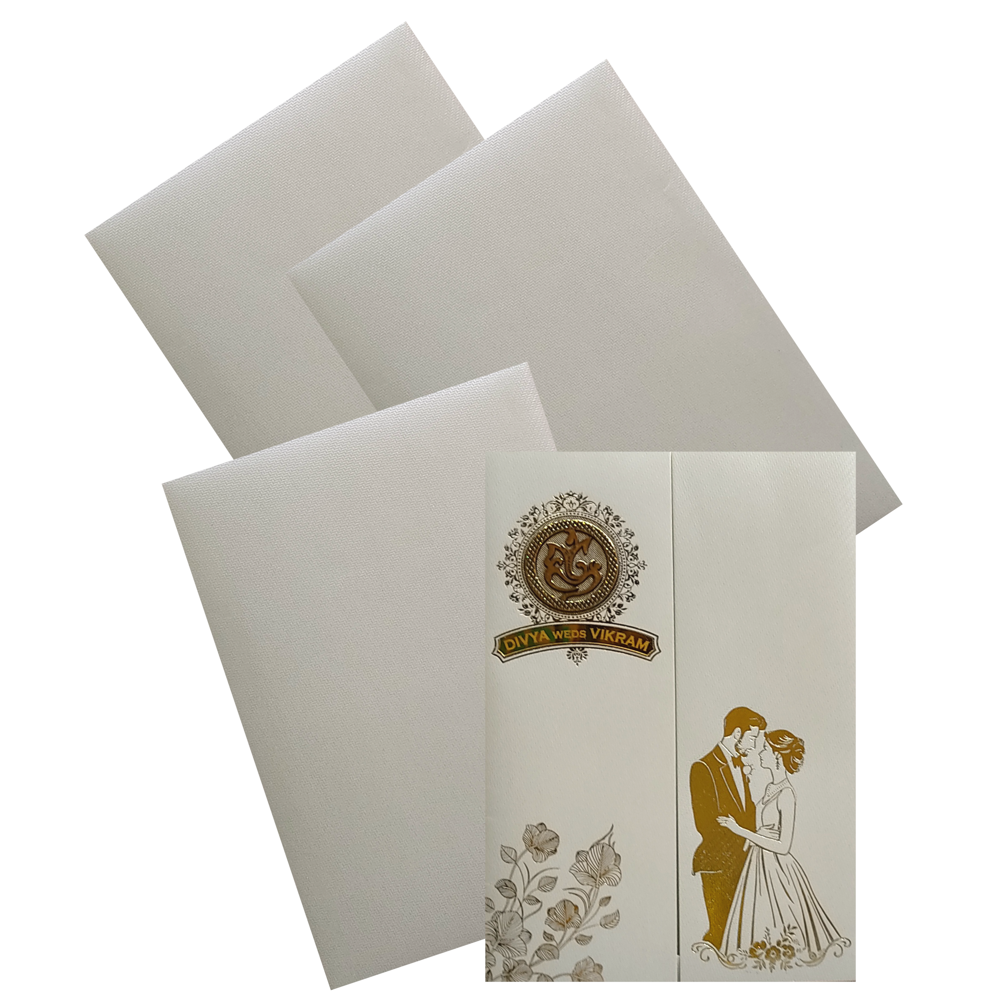This traditional marriage card has gold foiled bride and groom with ganesh sticker and name plate. The card has two inserts and an envelope