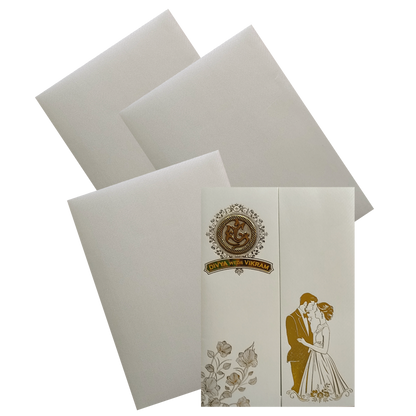 This traditional marriage card has gold foiled bride and groom with ganesh sticker and name plate. The card has two inserts and an envelope