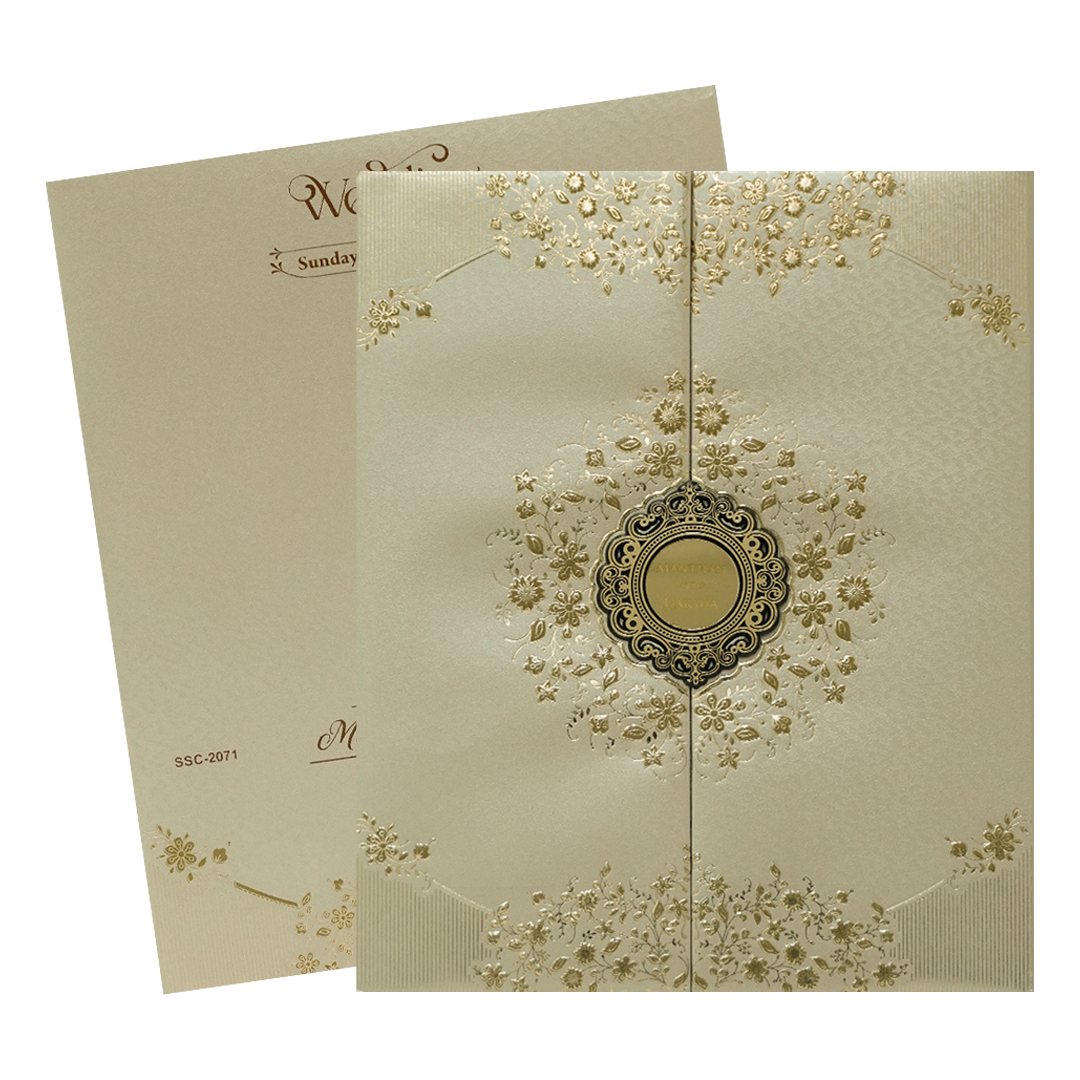 Check out Gold Floral Padded Wedding Card Card at best price. ✅WhatsApp Support ✅Express Delivery.|King of cards.