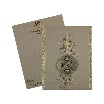 Grey Gold Floral Monogram Padded Wedding Card-KSI64400