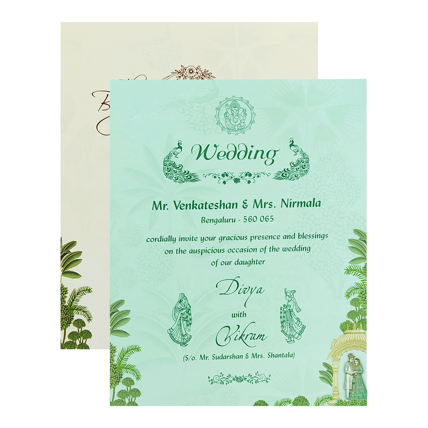 Green Royal Bride Groom Padded Wedding Card-KNMO9304