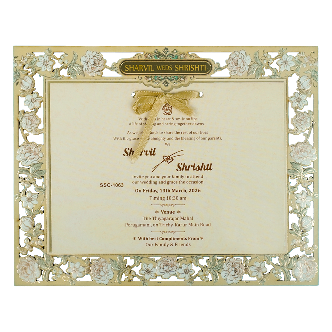 Check out Cream Floral Laser Cut Wedding Card at best price.✅WhatsApp Support ✅Express Delivery.|King of cards.